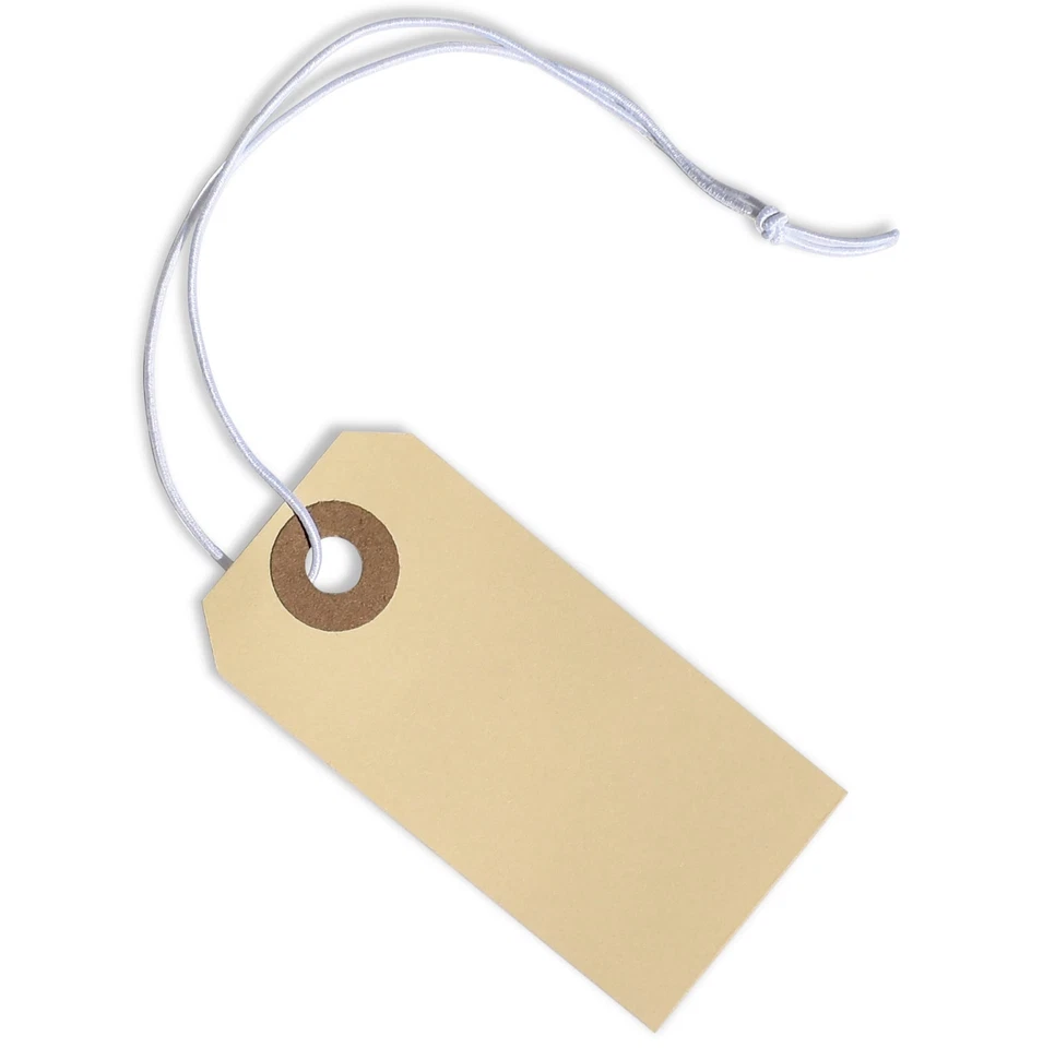 Paper Tags with Strings Attached Elastic- #1 2 3/4” x 1 3/8” Box of 500 Manil... - Image 1 of 4