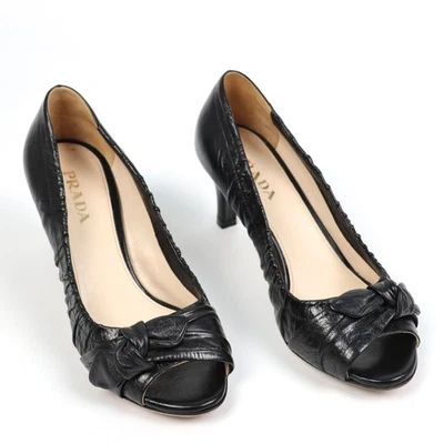 Prada Women’s Peep-Toe Leather Kitten Heel Pumps Black Size EU 36.5 / US 6.5 - Image 1 of 4