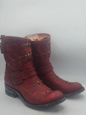 Botas femininas antigas Gringo vermelhas motociclista bronze/poloStud/tamanho 8B - Imagem 1 de 4