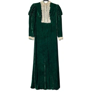 Vintage Green Velvet Victorian Dress 80s Handmade Lace Puff Sleeve Goth Whimsy - Picture 1 of 20