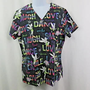 Disney Tink Scrub Top Ladies M Love Dance Tinker Bell Shirt Pockets Cotton - Picture 1 of 12