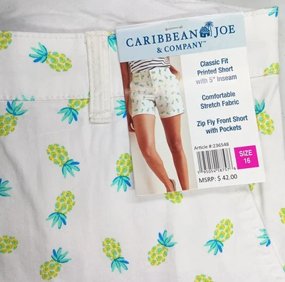 Pantalones Cortos Caribbean Joe Para Mujer Talla 16 Blanco Estampado Piña Verano Vacaciones Resort Foto 1 de 4