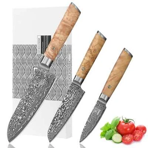 Zayiko 3er Damaszenermesser-Set Wurzelholzgriff Birke Serie Kinone - Bild 1 von 9