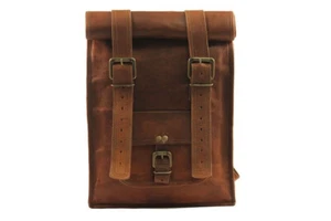 Bolso Mochila Hecho a Mano Cuero de Cabra Genuino Marrón con Tapa Enrollable para Trekking Universitario - Imagen 1 de 6