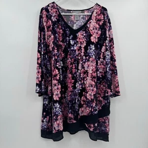 Catherines Top Women 3X Purple Pink NEW Liquid Knit 3/4 Sleeves Stretch Floral - Picture 1 of 10