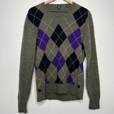J. Suéter Crew Hombres Lana de Cordero Medio Verde Argyle Cuello en V Preppy Academia Púrpura Foto 1 de 4
