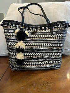 Chicos BOHO Large Neutral Tote Shoulder Bag Woven Black Tan Tassel Vacation - Picture 1 of 11