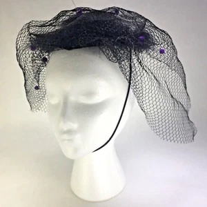 Black Cat With Feathers Fascinator Headpiece Veil Gothic Costume Accessory - Picture 1 of 12