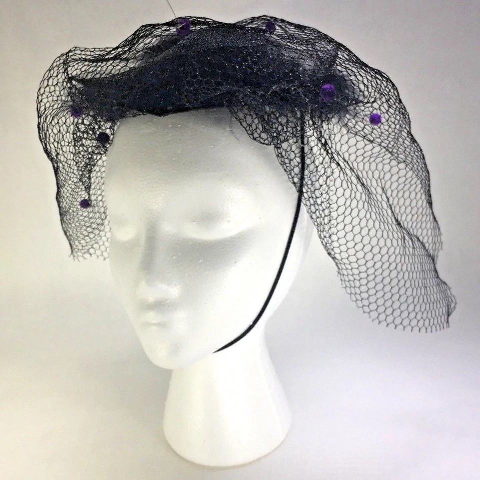 Black Cat With Feathers Fascinator Headpiece Veil Gothic Costume Accessory - Image 1 of 4