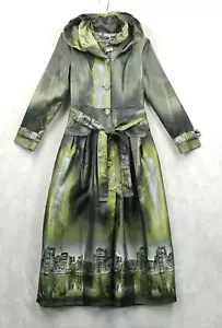 Samuel Dong Coat Women Medium Green Cityscape Long Jacquard Trench Limited Ed. - Picture 1 of 14