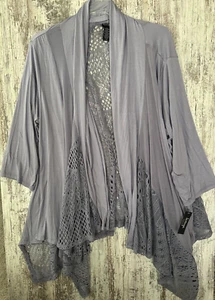 LA VANYA Women's Plus Size 3X Lilac Open Front Duster, Lace Insets, Long Sleeve - Picture 1 of 5