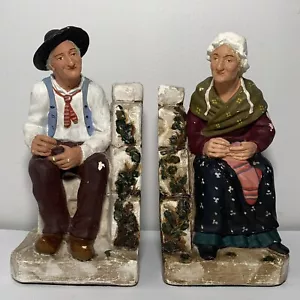 Vintage Chalkware Bookends Old Man Woman Couple Quilting Smoking Packing Pipe - Picture 1 of 22