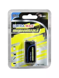 Ultramax 9V Size PP3 R22 6HR61 NIMH 180mAh Rechargeable Battery | 1 Pack - Picture 1 of 3