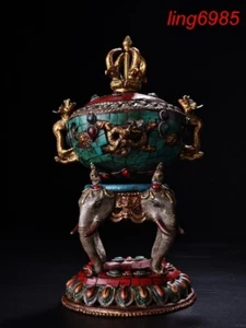 Tibet temple bronze inlay gem Turquoise elephant statue Incense burner Censer - Picture 1 of 9