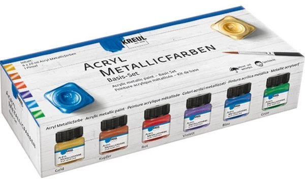KREUL Acryl Metallicfarbe Basis-Set blau rot violett grün kupfer inkl. Pinsel
