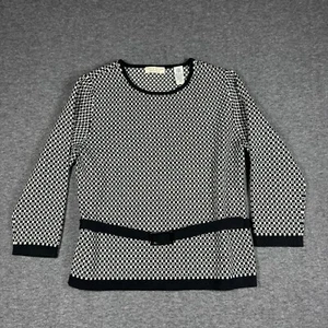 Lord & Taylor Belted Pure Merino Wool Sweater Womens Medium M Black White - Picture 1 of 10