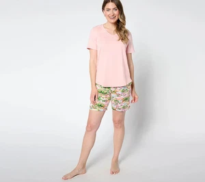 Cuddl Duds Cotton Core T-Shirt and Short Lounge Set Pink Multicolor 1X - Picture 1 of 2
