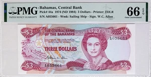 Bahamas 3 Dólares 1974 (ND 1984) Pick#44a PMG 66 EPQ Gema UNC Reina Isabel II - Imagen 1 de 2
