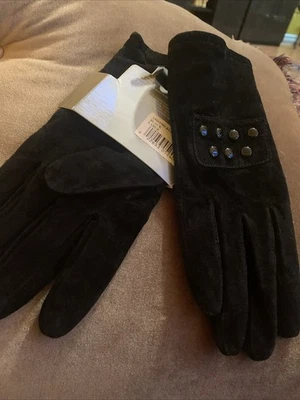 Новый с Ярлыками черная замша из натуральной кожи перчатки ISOTONER Sz женщины большой запонки - Изображение 1 из 4