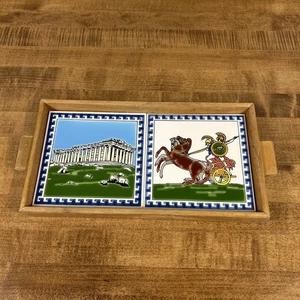 Vintage Greek Ceramic Tile Art Trivet w/ Wood Frame Wooden Tray - Picture 1 of 14