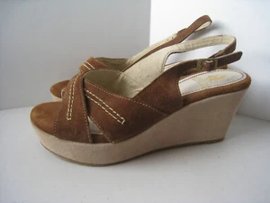 Hush Puppies Rockabilly Platform Wedge Sandals Sz 8.5 Suede Leather Brown Beige - Picture 1 of 14