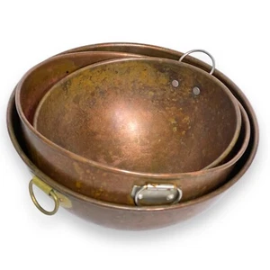 Vtg Solid Copper Round Mixing Bowl Lot Korean 9” 8.5” 7” Nesting 3pc Lot D Ring - Picture 1 of 12