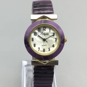 Vtg Lafayette Watch Women 27mm Gold Tone MOP Purple Stone Stretch New Battery - Picture 1 of 14