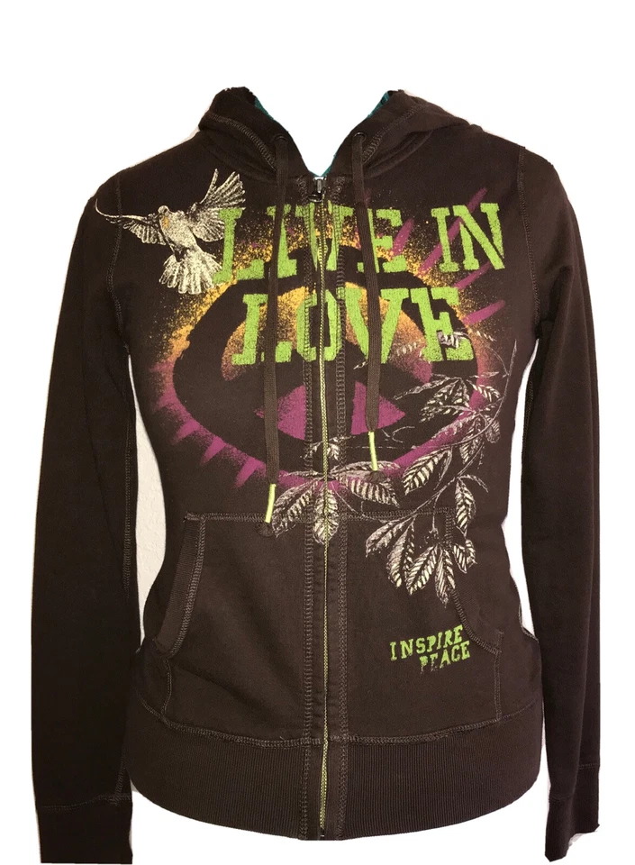 Lucky Brand Women's Brown Live in Peace Live in Love Lime Green Accent XS Y2K - Image 1 of 3