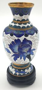 Floral Blue & White Hand Painted Cloisonne Brass Bud Vase Mini Asian Stand 4"T