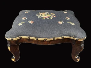 Antique Victorian Footstool, Original Needlepoint Top, Scalloped Wood Frame - Picture 1 of 17