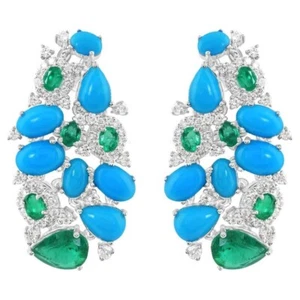 Syn Turquoise & Syn Emerald Cocktail Earrings 925 Sterling Silver Designer Jewel - Picture 1 of 6
