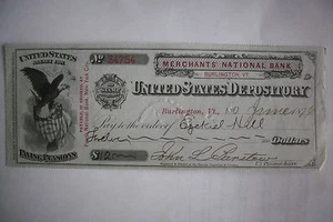 CHEQUE DE PENSIÓN FIRMADO 1876 SOLDADOS DE LA GUERRA CIVIL John Barstow & Ezekiel Hill VERMONT - Imagen 1 de 2