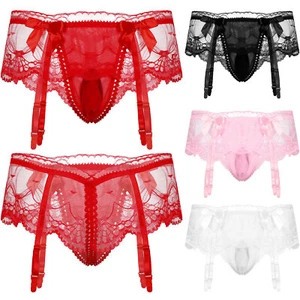 Men Lace Crotchless Briefs Sissy See Through Low Rise Thong Panties Underwear - Picture 1 of 135