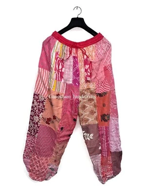 Wide Leg Yoga Trousers PINK Patchwork Harem Pants Boho Hippie Harem Pants - Image 1 of 4