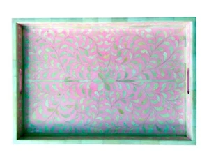Pink Floral Bone Inlay Serving Tray - Picture 1 of 2