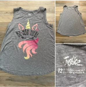 Girls Size 12 - Justice - Super Cute - Gray Unicorn Tank Top - Picture 1 of 8
