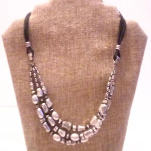 Coldwater Creek Boho Inspired Black Cord Silver Beaded Multi Strand Necklace - Picture 1 of 5