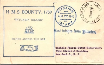 1940 British Pitcairn Island HMS Bounty Cover to Broadway New York NY USA - Image 1 of 2