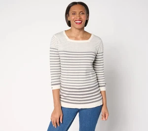 Susan Graver gestreifter Pullover mit eckigem Ausschnitt und Knopfdetail - grau - XL - A681006 - Bild 1 von 1