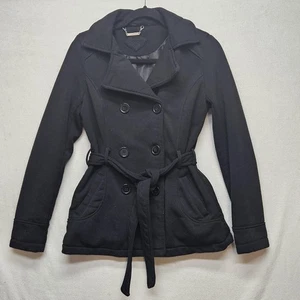 JouJou Jacket Womens Small Black Belted Double Breasted Peacoat Polyester Coat - Picture 1 of 8