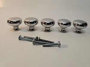 Lot of 5 Round Mushroom Antique Chrom Drawer Cabinet Pulls Knobs 1” With Bolts - Picture 1 of 4