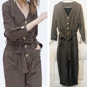 NWT ZARA BELTED STRIPED JUMPSUIT BLACK/BROWN 8332/665 - Picture 1 of 8