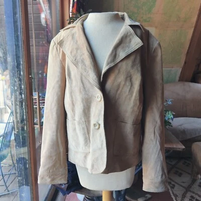 90s Y2K Suede Jacket Blazer Womens XL Beige VTG Lined Mossimo Genuine Leather - Image 1 of 4