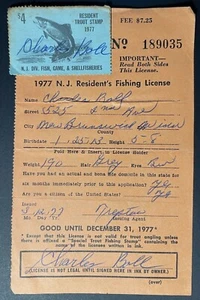 New Jersey 1977 Resident Fishing License #189035 - gebraucht - mit Forellenstempel - NJ - Bild 1 von 2