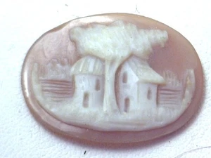 NOS Antique Vintage Hand Carved Oval Shell CAMEO Stone House & Tree Scene #N404 - Picture 1 of 2