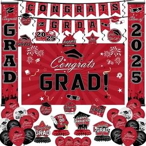 Graduation Decorations 2025 Set Red Themed Congrats Grad Banner Backdrop Hanging - Picture 1 of 10