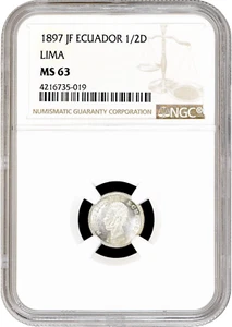 Ecuador 1/2 decimos 1897 JF, NGC MS63, "República del Ecuador (1872 - 1918)" - Picture 1 of 2