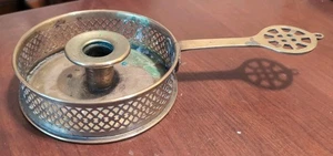 Antique Brass Candlestick Handled Pierced Pan Chamberstick Riveted  - Picture 1 of 13