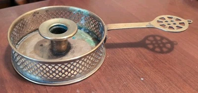 Antique Brass Candlestick Handled Pierced Pan Chamberstick Riveted  - Image 1 of 4