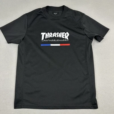 Camisa Thrasher X Huf Hombres Pequeña Negra Malla Sólida Camiseta Cuello Redondo Pullover Ropa de Calle Foto 1 de 4
